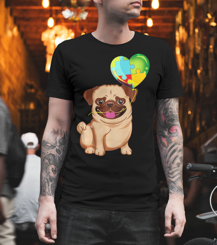 Autism Awareness Pug Puppy Heart Puzzle Balloon T-Shirt