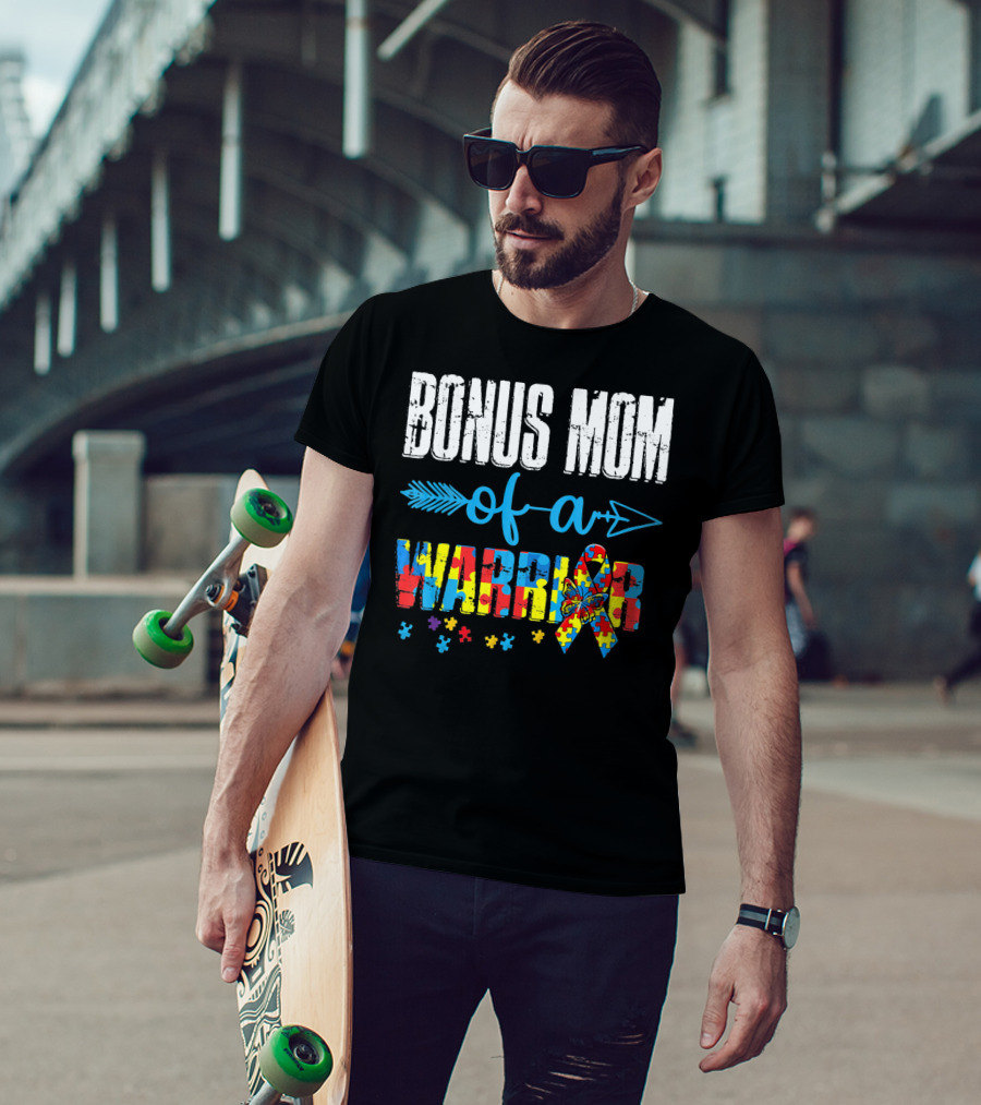 Bonus Mom Of A Warrior Autism Awareness Puzzle T-Shirt