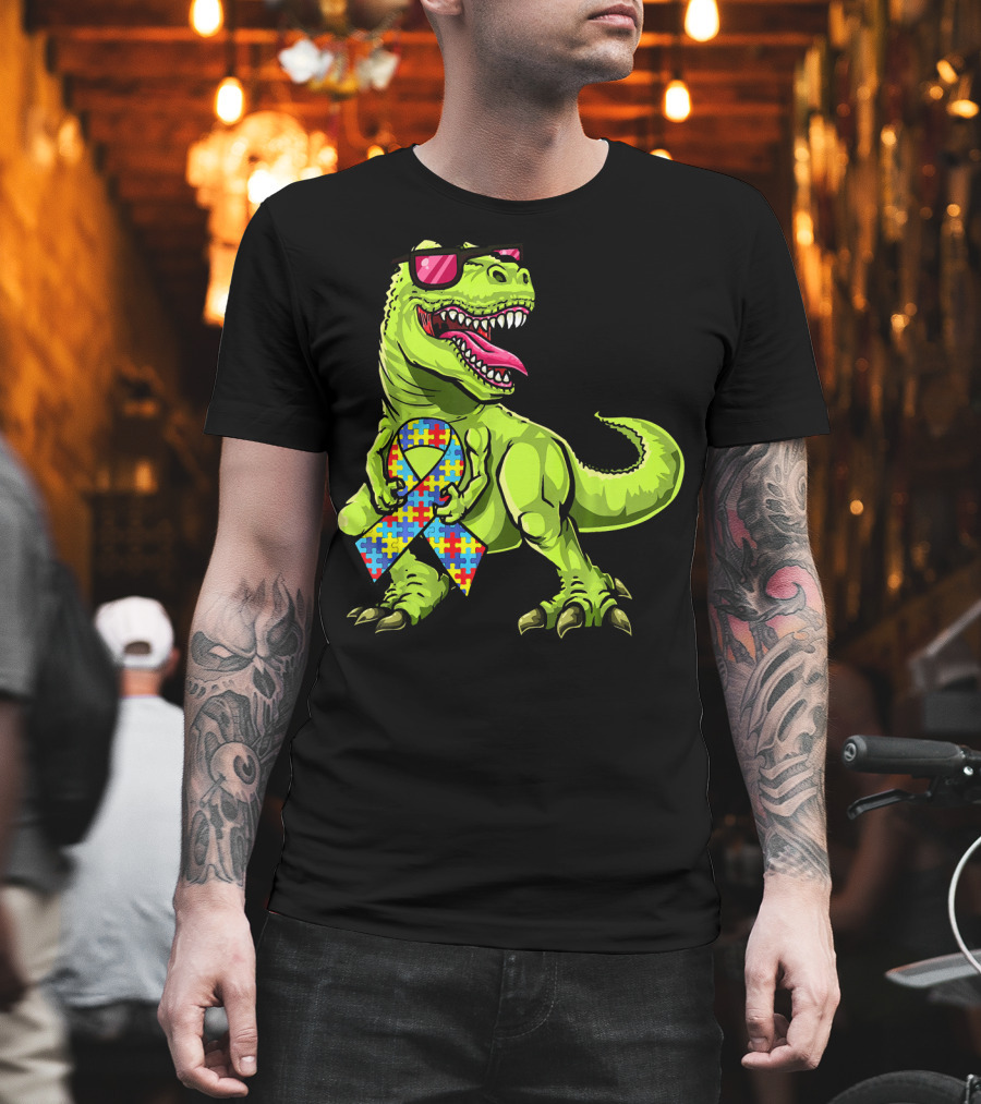 Dinosaur Rex with Autism Awareness Puzzle Ribbon and Sunglasses T-Shirt