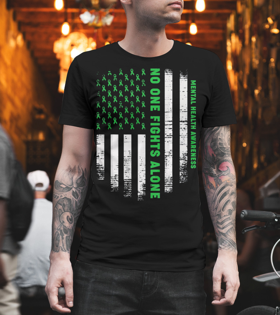 No One Fights Alone USA Flag Mental Health Awareness T-Shirt