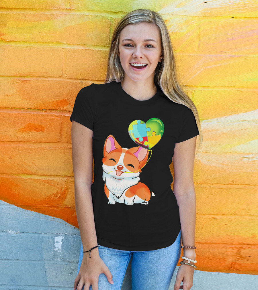 Autism Awareness Corgi Puppy With Heart Balloon Puzzle T-Shirt