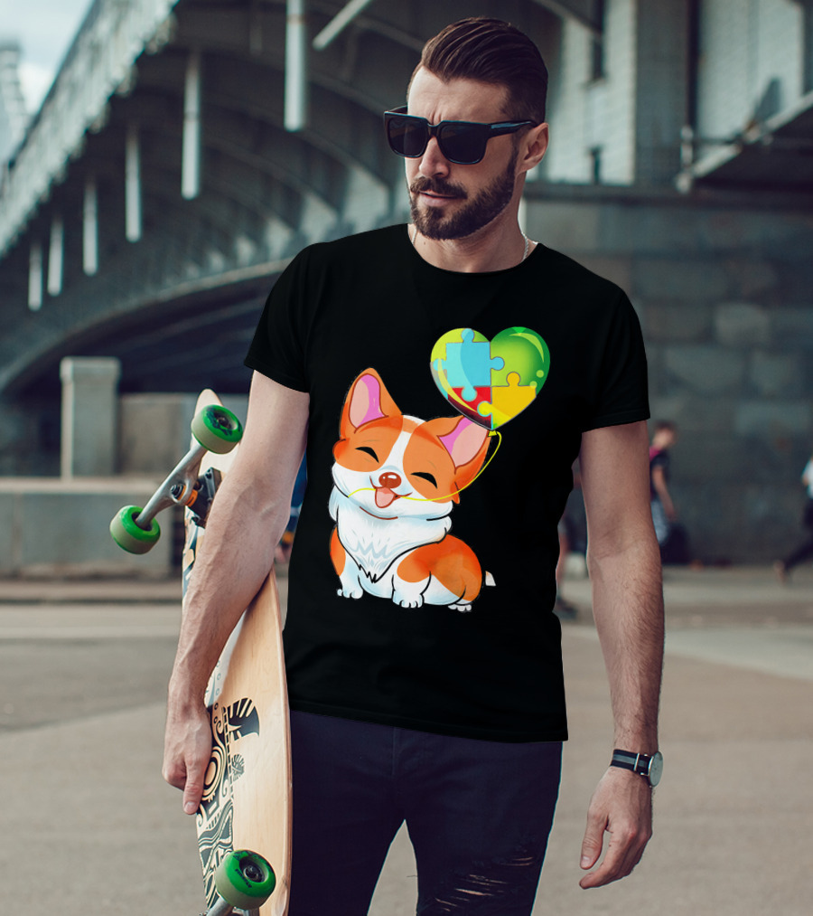 Autism Awareness Corgi Puppy With Heart Balloon Puzzle T-Shirt