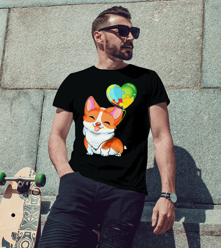 Autism Awareness Corgi Puppy With Heart Balloon Puzzle T-Shirt