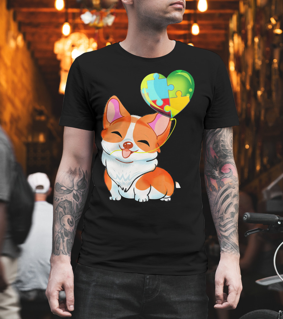 Autism Awareness Corgi Puppy With Heart Balloon Puzzle T-Shirt
