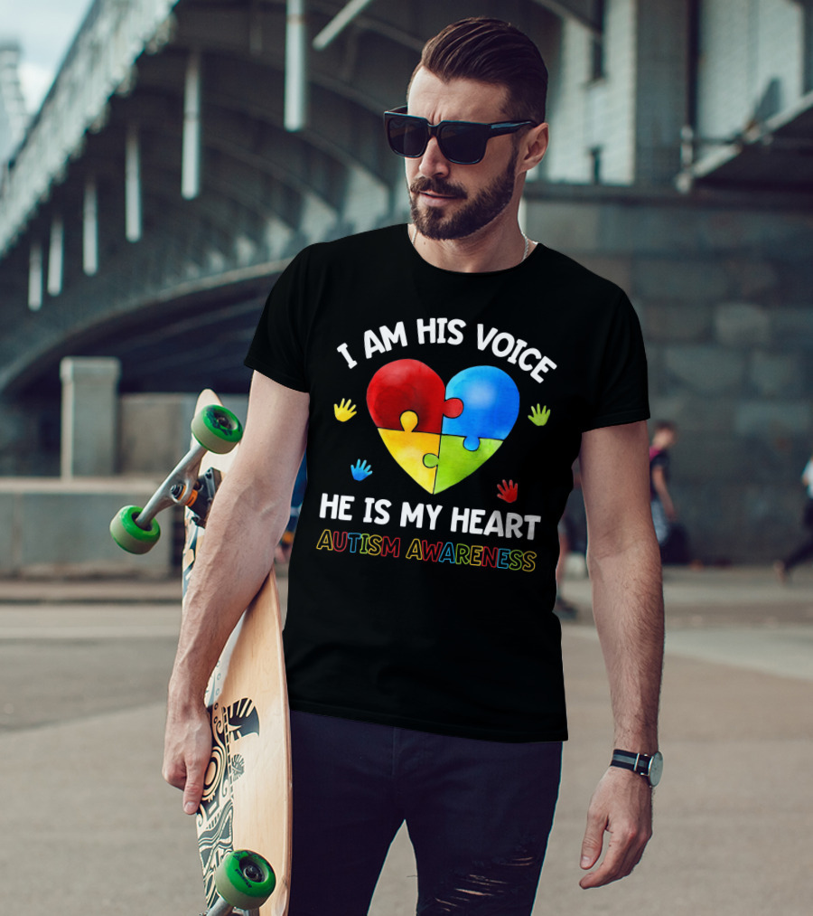 I Am His Voice He Is My Heart Autism Awareness Puzzle Heart And Colorful Handprints T-Shirt