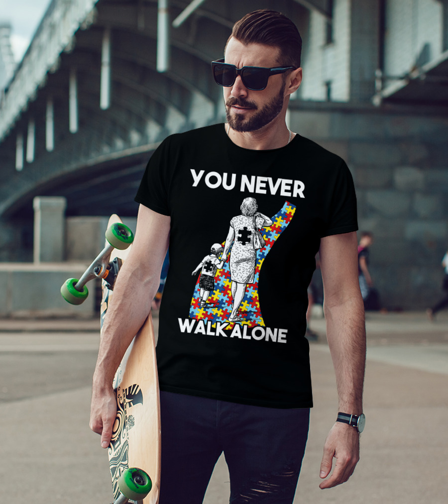 You Never Walk Alone Autism Puzzle Piece Path With Child And Parent T-Shirt
