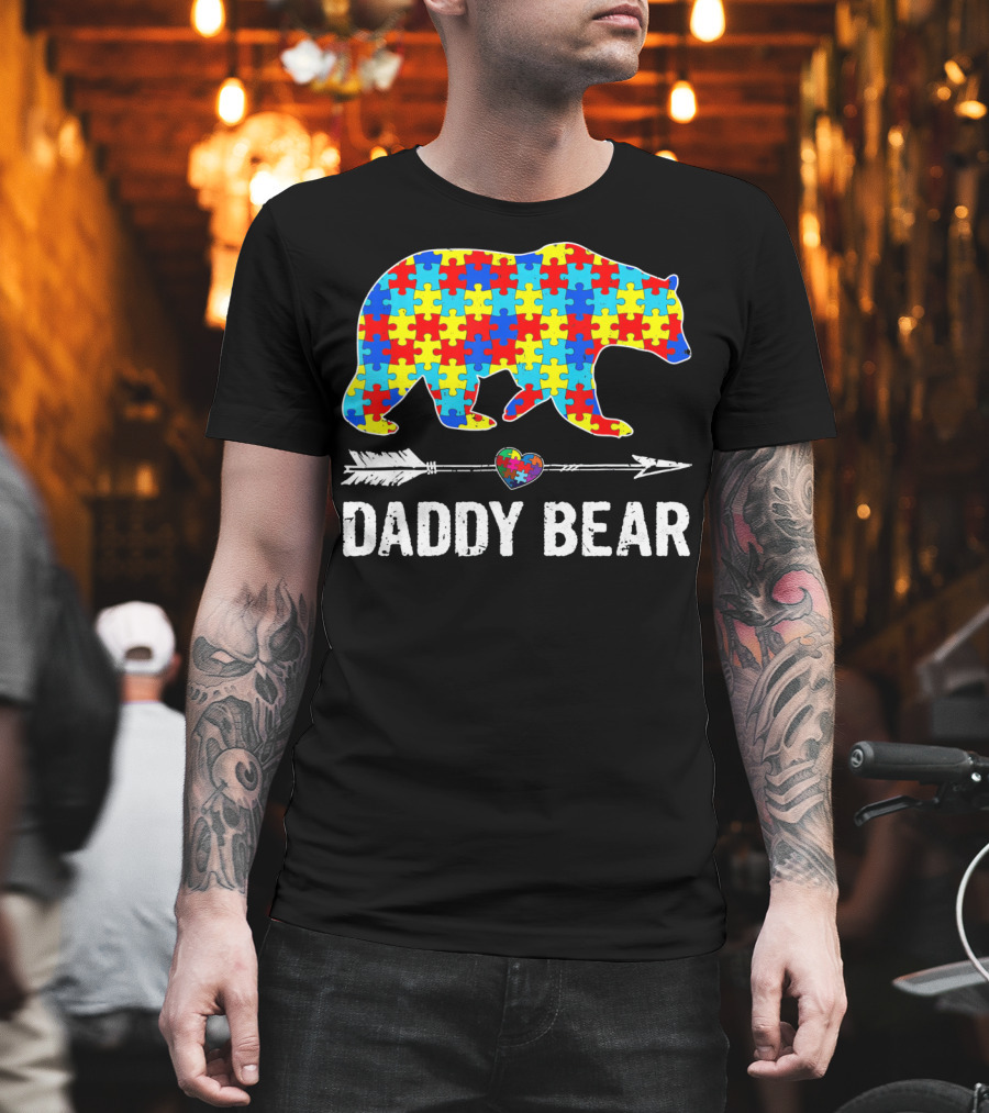 Daddy Bear Heart Arrow Puzzle Autism Awareness T-Shirt
