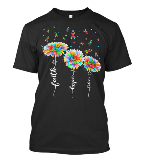 Faith Hope Cure Colorful Sunflowers Autism Awareness Puzzle Pieces T-Shirt