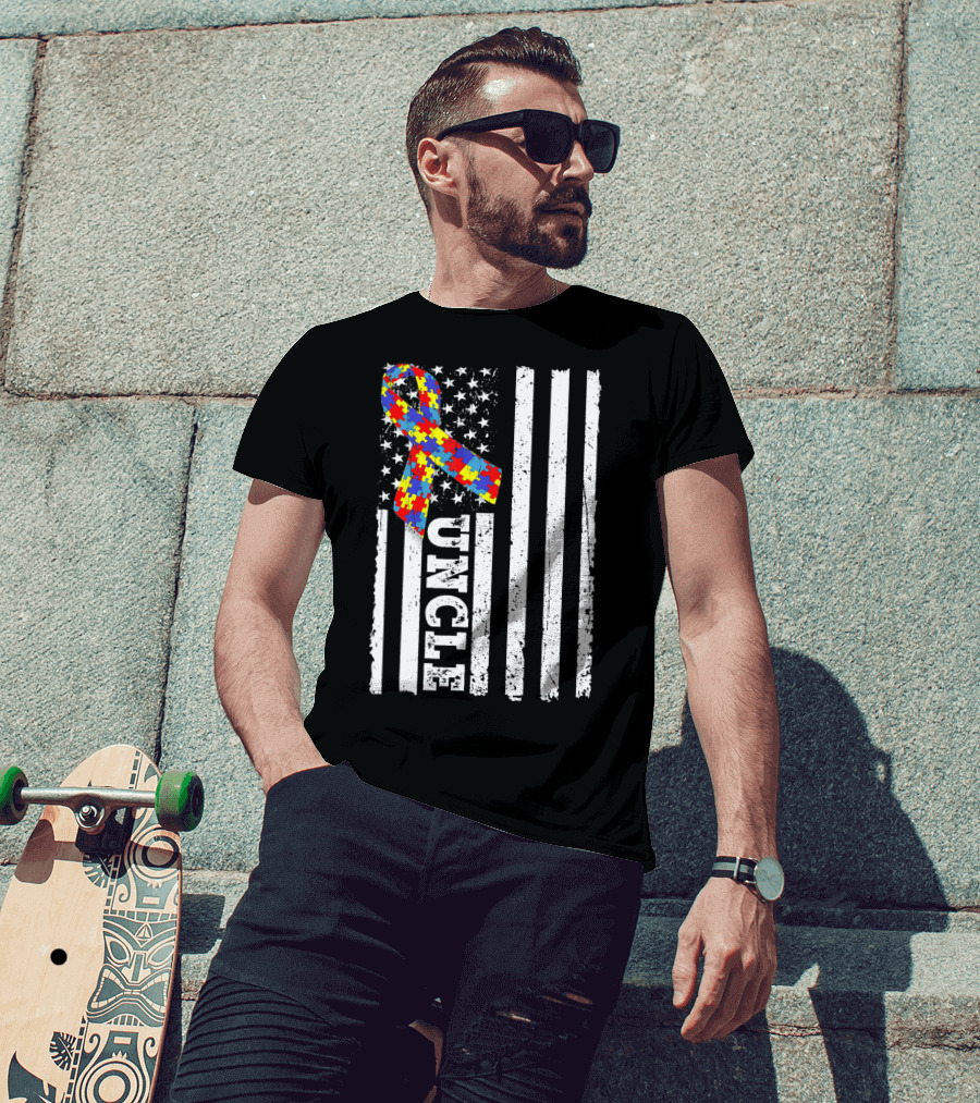 UNCLE Puzzle Ribbon American Flag Autism Awareness T-Shirt