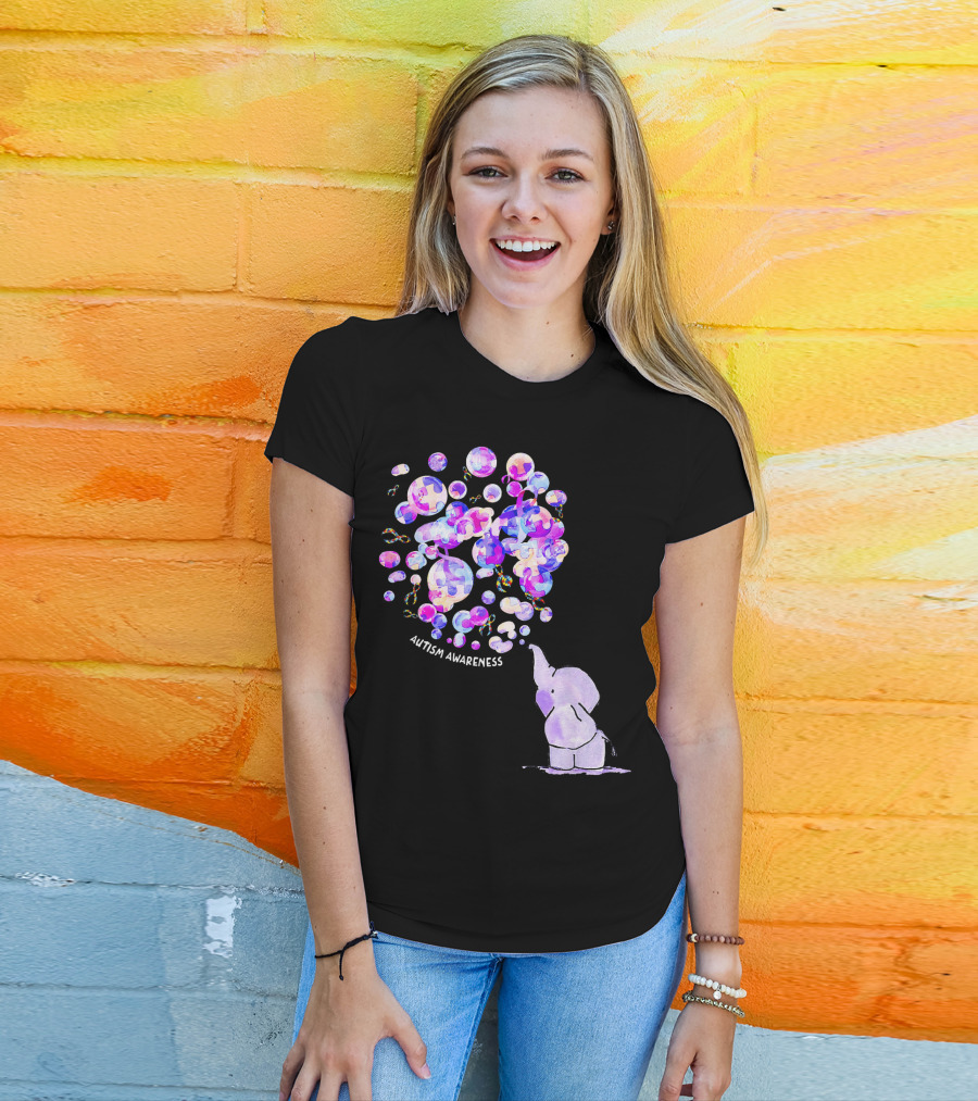 Elephant Blowing Puzzle Pieces Balloons Autism Awareness T-Shirt