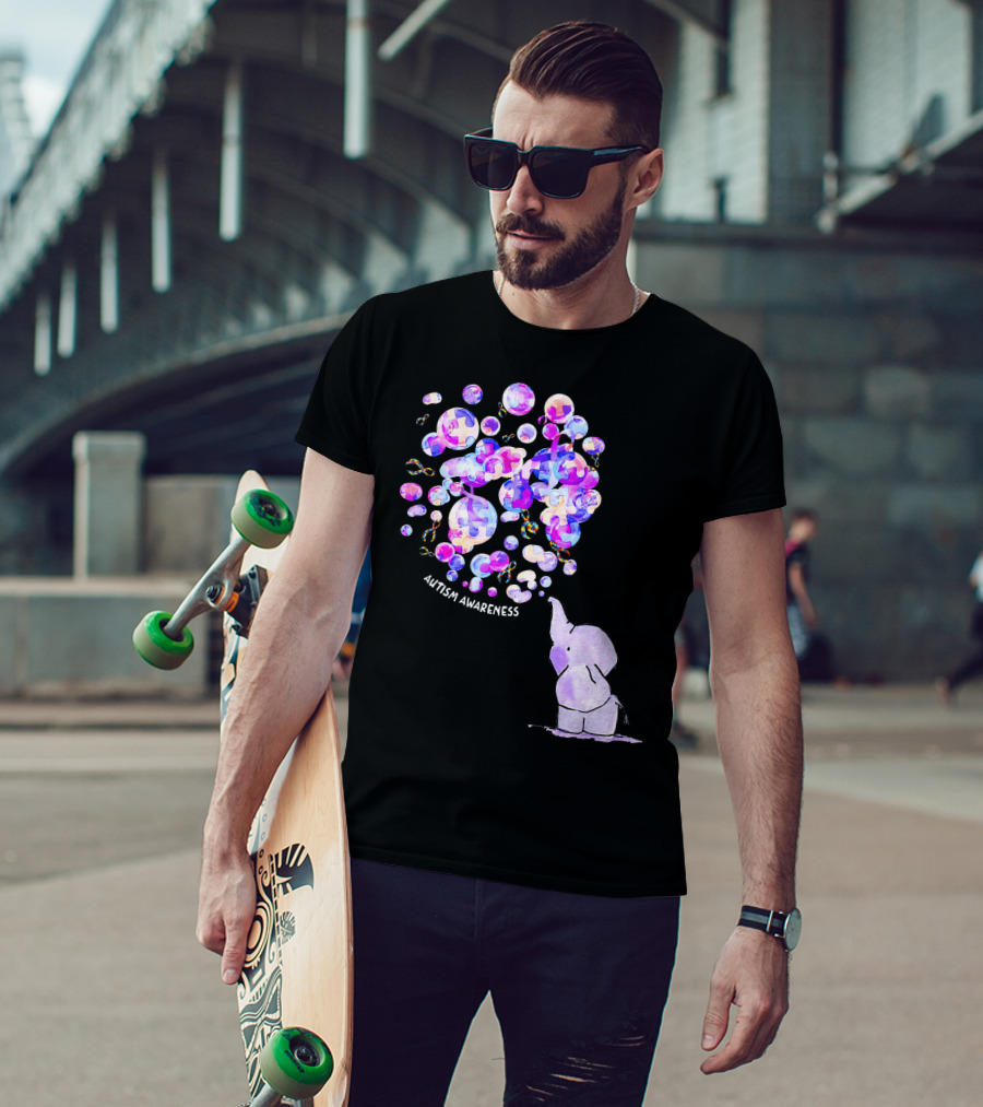 Elephant Blowing Puzzle Pieces Balloons Autism Awareness T-Shirt