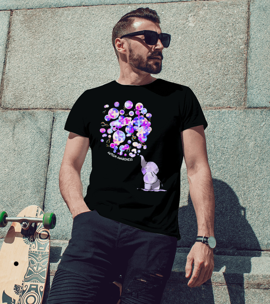 Elephant Blowing Puzzle Pieces Balloons Autism Awareness T-Shirt