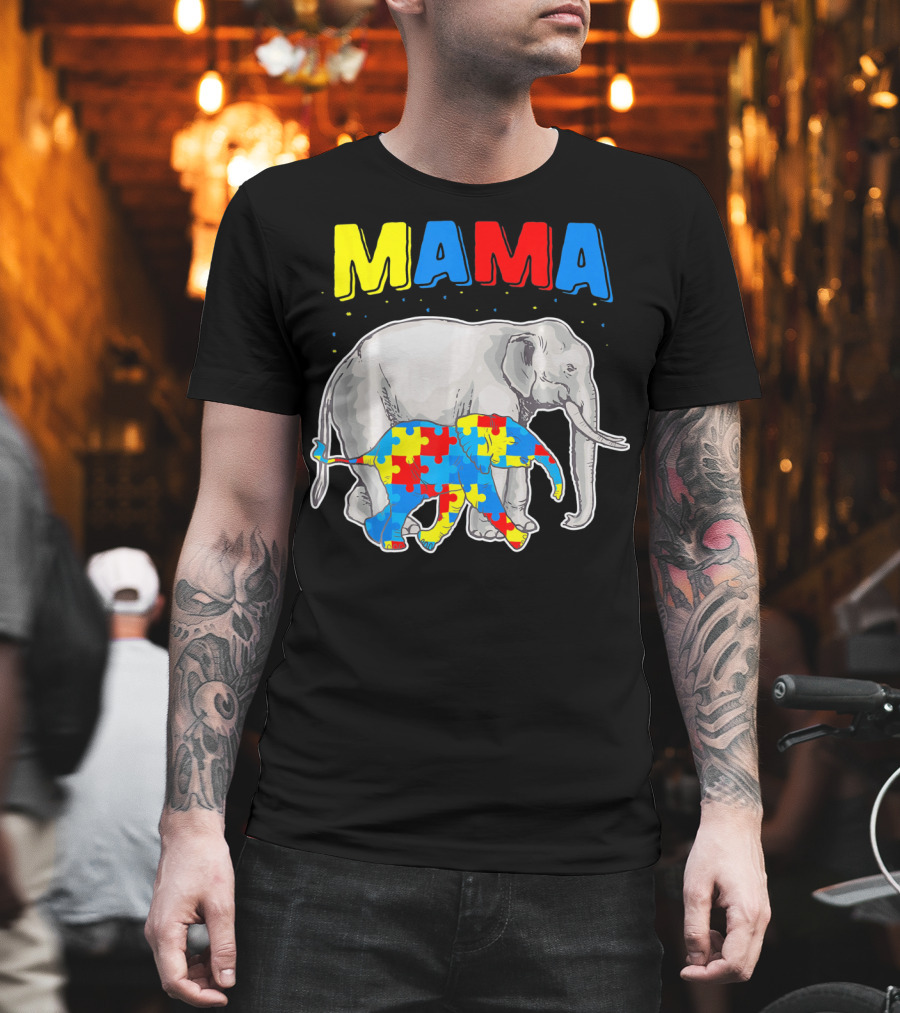 Mama Elephant Puzzle Piece Autism Awareness T-Shirt