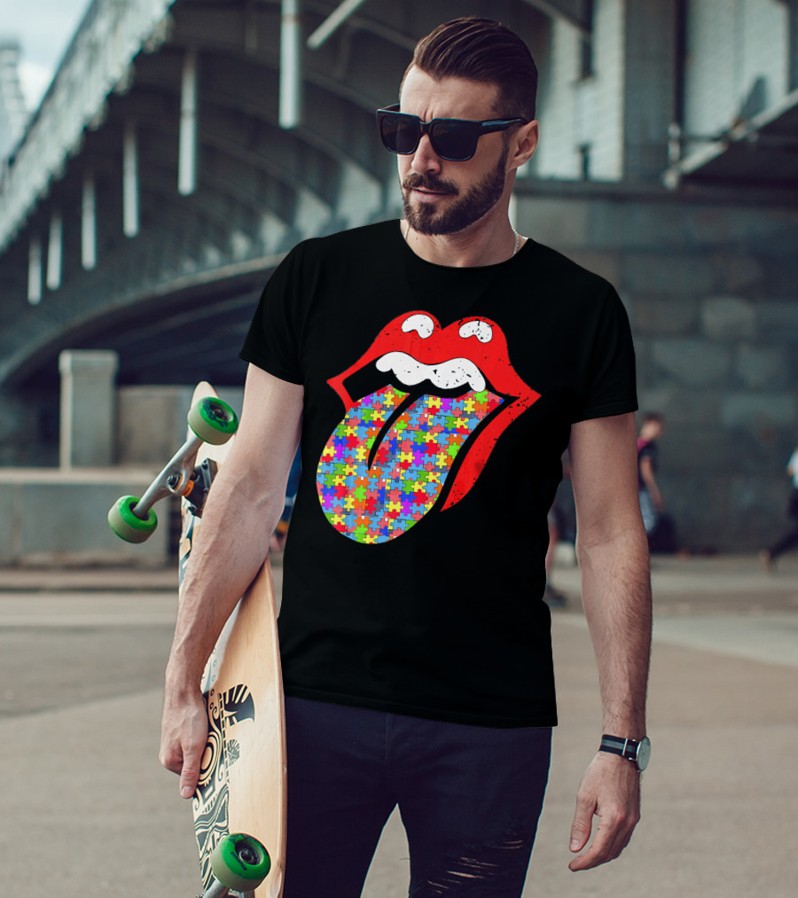 Red Lips Tongue Icon With Colorful Autism Awareness Puzzle Piece T-Shirt