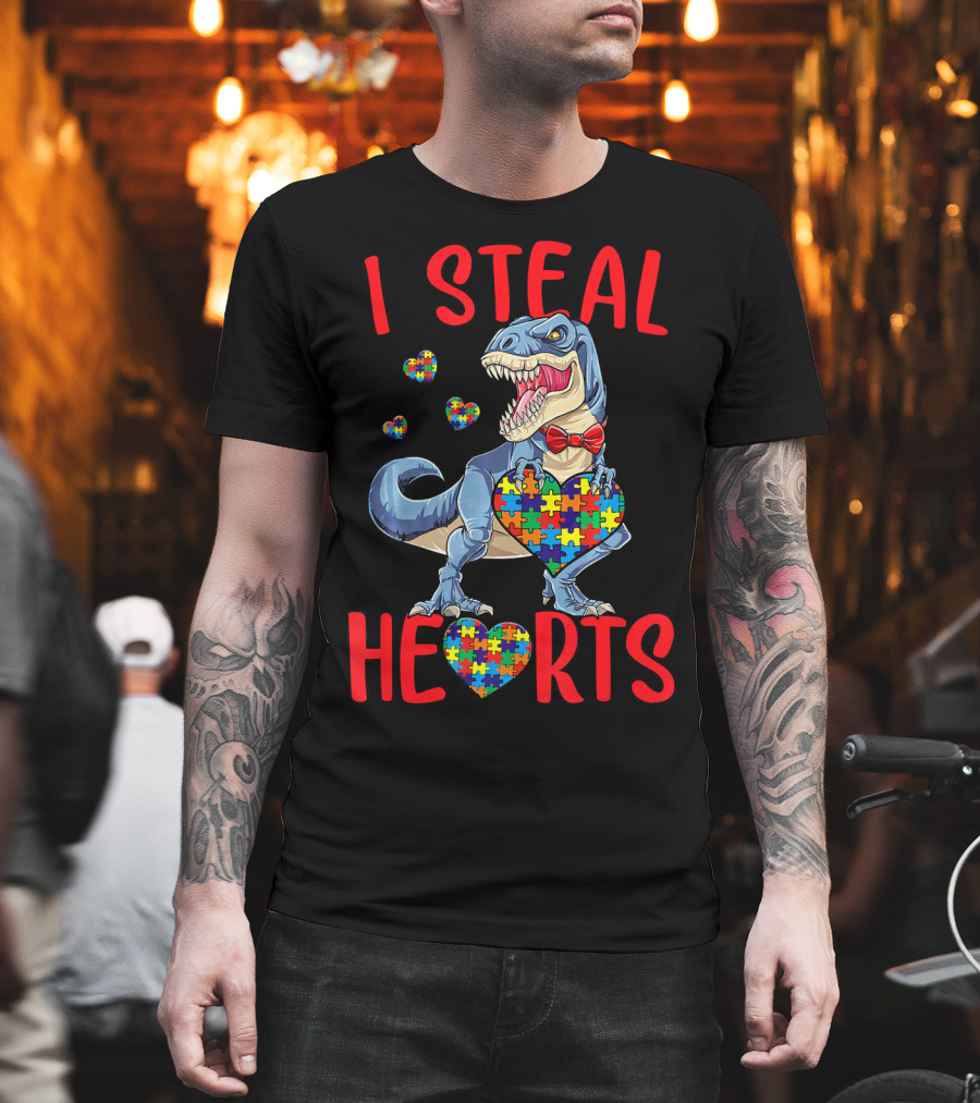 I Steal Hearts Dinosaur With Puzzle Piece Hearts Autism Awareness T-Shirt