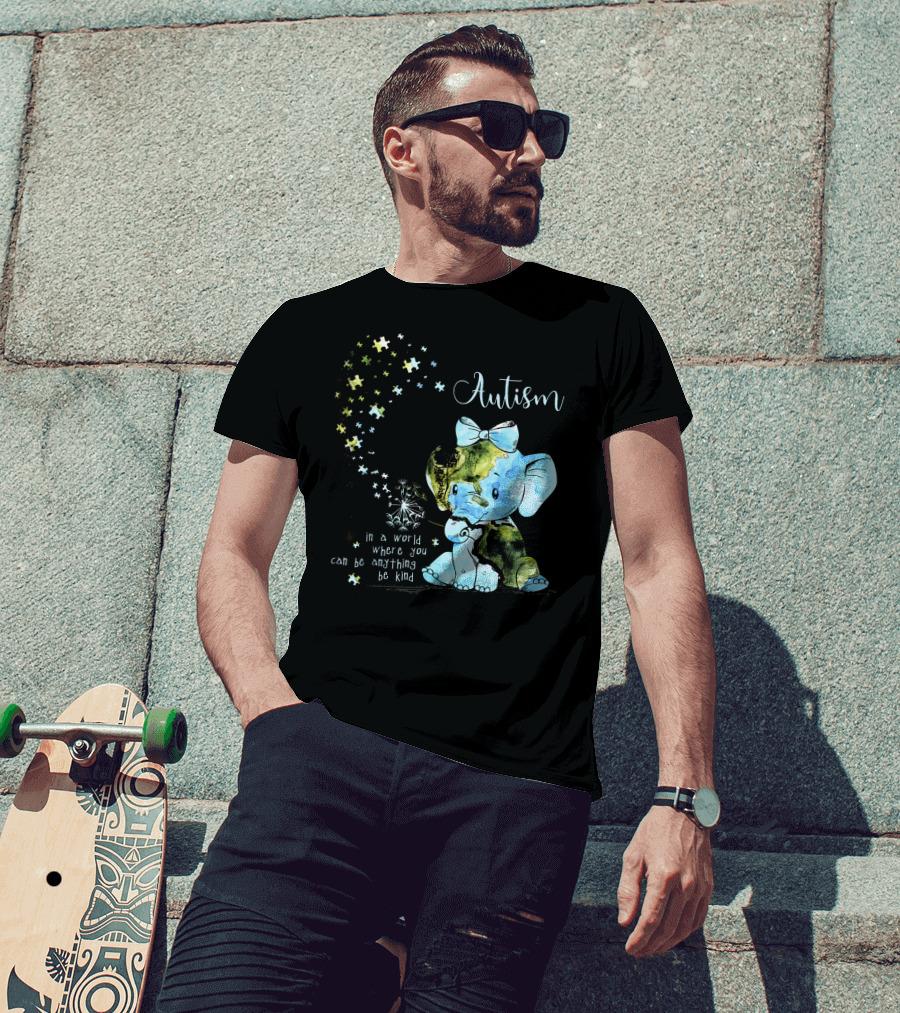 Autism Awareness Be Kind Elephant Dandelion Puzzle Pieces T-Shirt