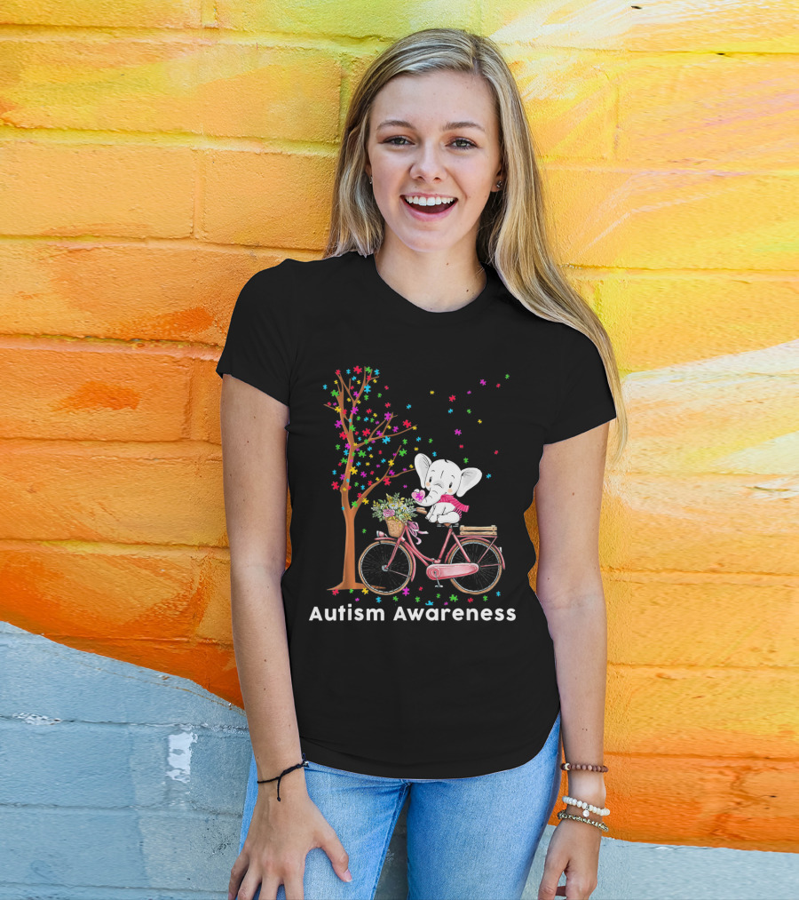 Autism Awareness Elephant Riding Bicycle With Puzzle Pieces And Tree T-Shirt