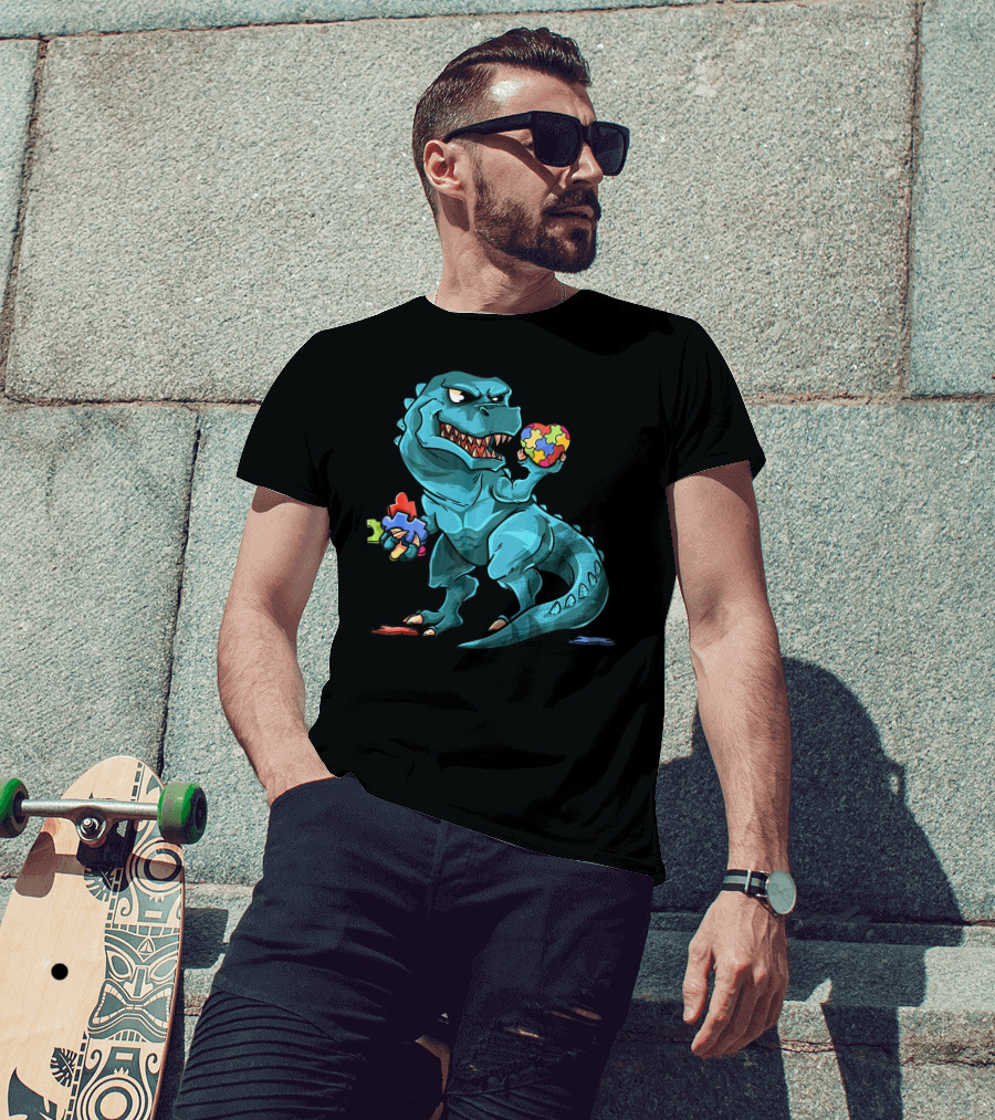 Autism Awareness Dinosaur Puzzle Rex Heart T-Shirt