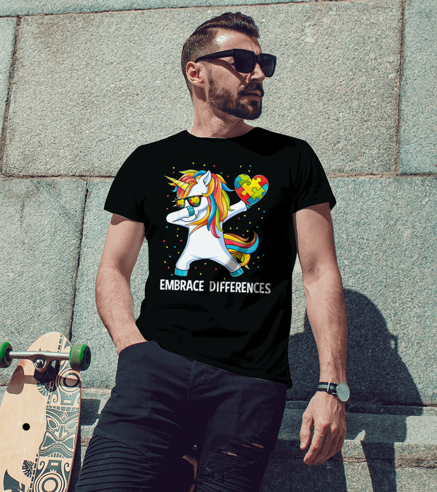 Embrace Differences Autism Awareness Unicorn Dab Puzzle Heart T-Shirt