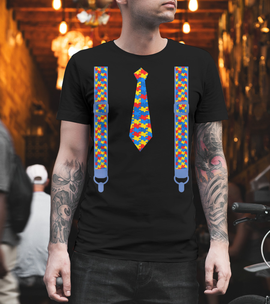 Autism Awareness Tie and Suspenders Puzzle T-Shirt