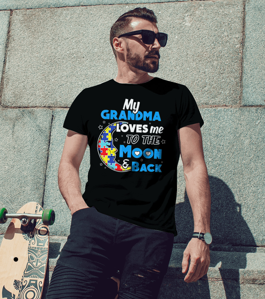 My Grandma Loves Me To The Moon And Back Puzzle Piece Moon Hearts Stars T-Shirt