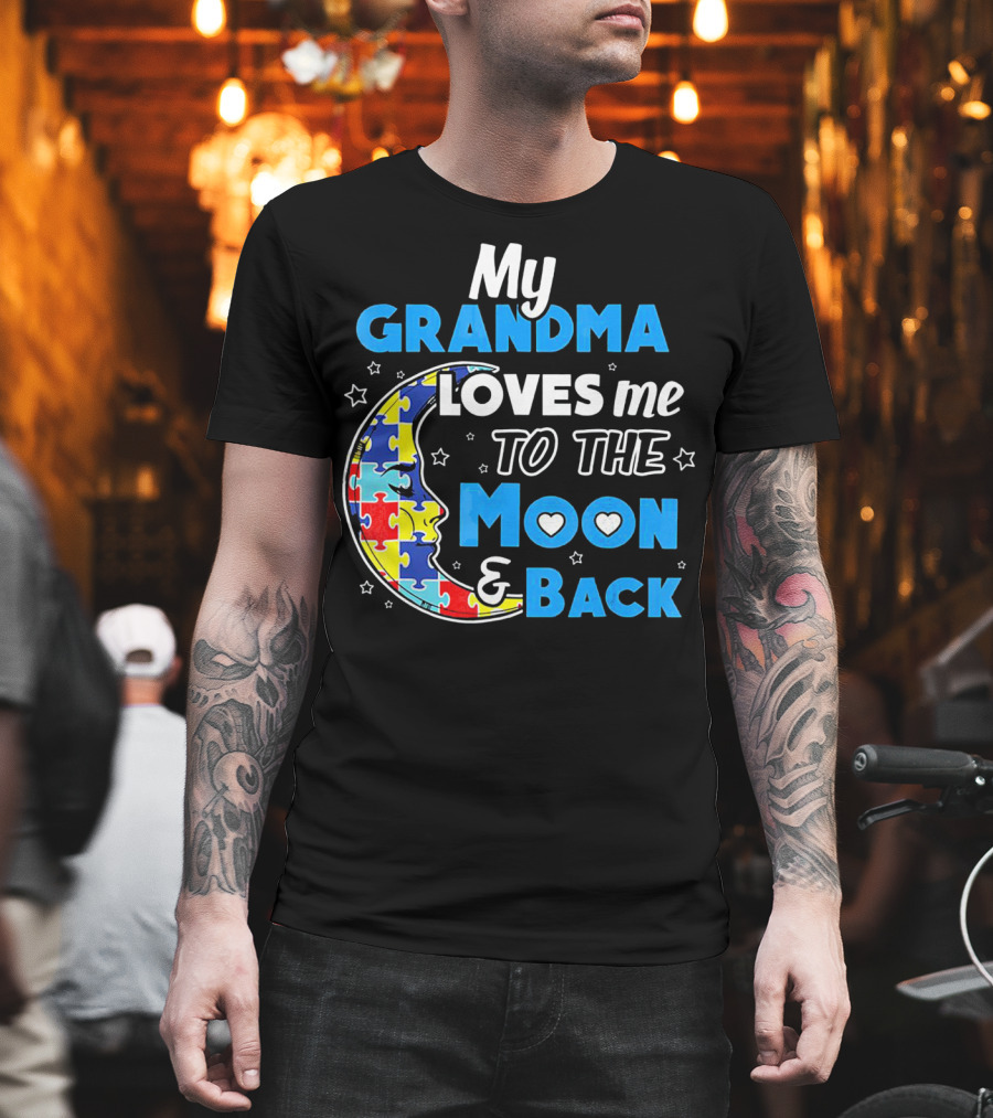 My Grandma Loves Me To The Moon And Back Puzzle Piece Moon Hearts Stars T-Shirt