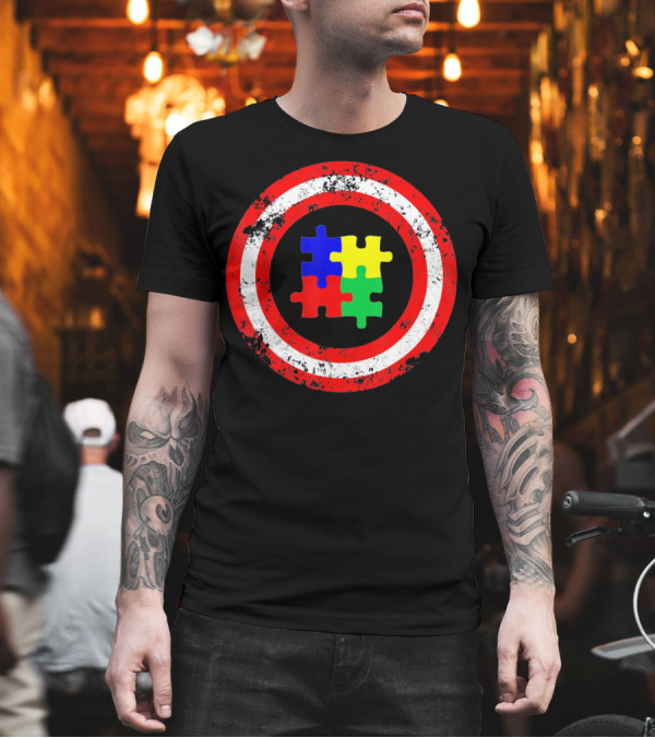 Captain Autism Awareness Shield Puzzle T-Shirt Captain Autism Awareness Shield Puzzle T-Shirt