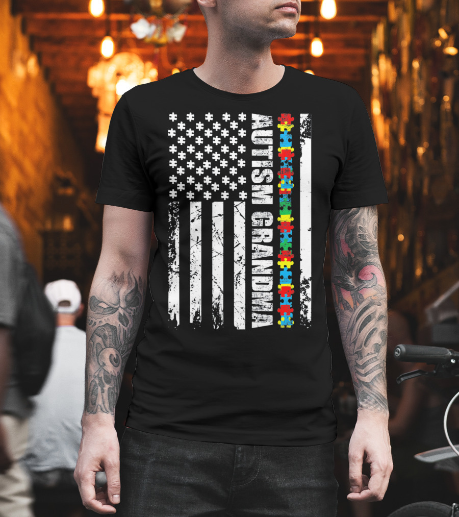 Autism Grandma American Flag Puzzle Piece Awareness T-Shirt