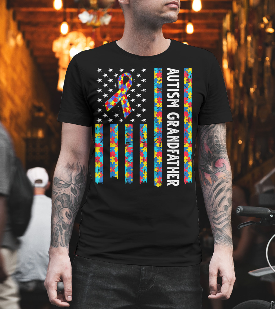Autism Grandfather Puzzle Ribbon American Flag Stars T-Shirt