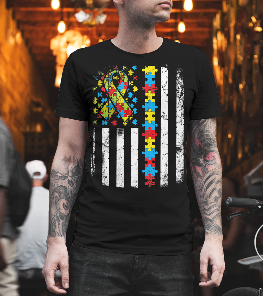 Autism Awareness American Flag Puzzle T-Shirt