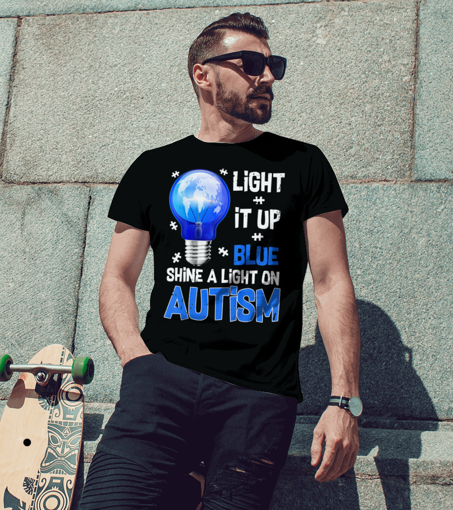 Light It Up Blue Shine A Light On Autism Light Bulb World Map T-Shirt
