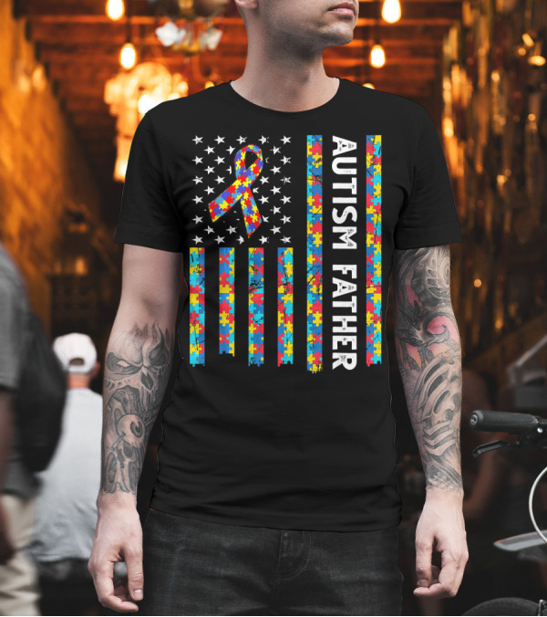 Autism Father Puzzle Ribbon American Flag Stars T-Shirt Autism Father Puzzle Ribbon American Flag Stars T-Shirt