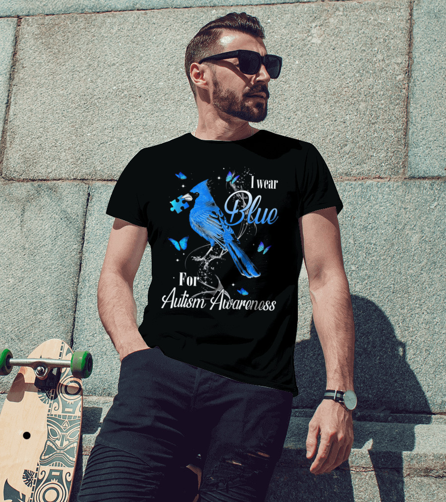 I Wear Blue For Autism Awareness Cardinal Bird Puzzle Piece Butterfly T-Shirt