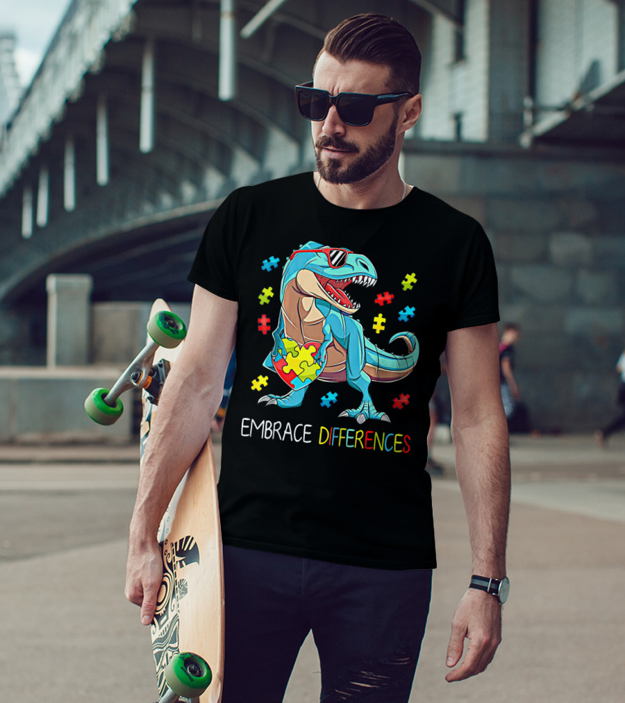 Embrace Differences Autism Awareness Dinosaur Rex Puzzle T-Shirt