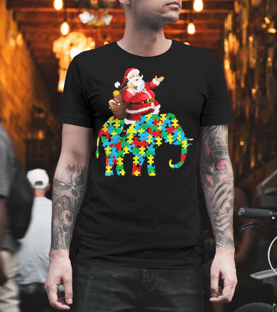 Santa Claus Riding Puzzle Piece Elephant Christmas Autism T-Shirt