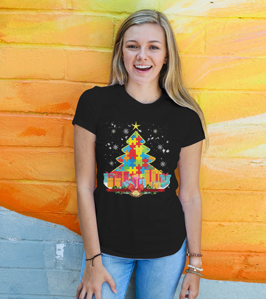 Christmas Tree Puzzle Pieces Autism Awareness T-Shirt