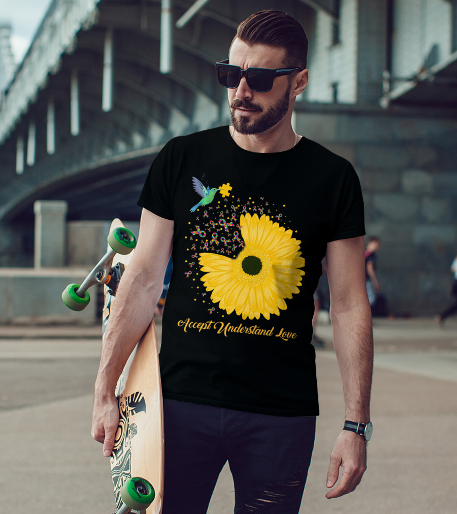 Sunflower Accept Understand Love Puzzle Piece Hummingbird Autism Awareness T-Shirt
