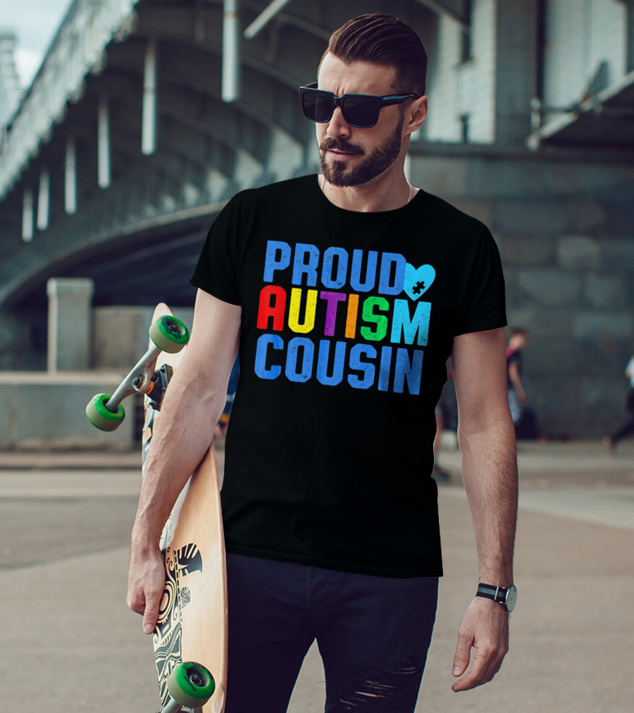 Proud Autism Cousin Family Support Rainbow Puzzle Heart T-Shirt