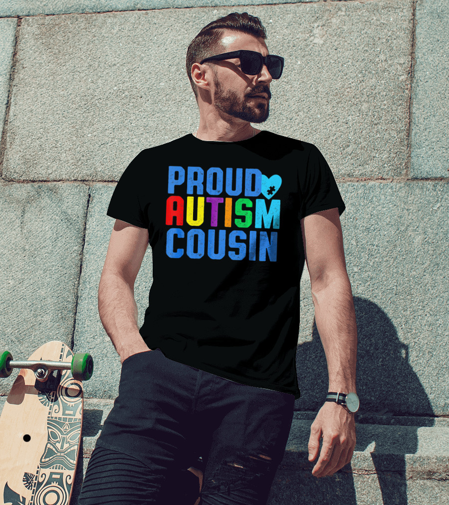 Proud Autism Cousin Family Support Rainbow Puzzle Heart T-Shirt