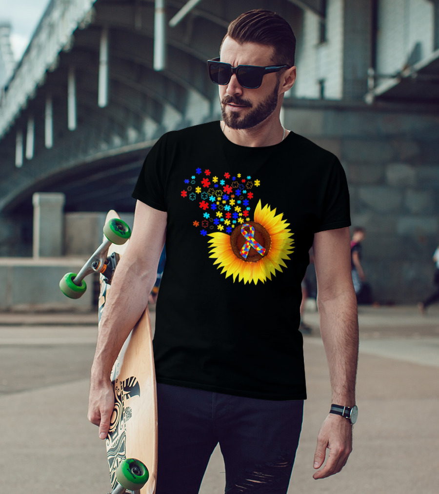 Sunflower Autism Awareness Ribbon With Colorful Puzzle Pieces T-Shirt