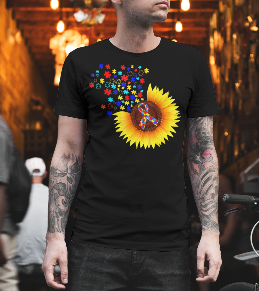 Sunflower Autism Awareness Ribbon With Colorful Puzzle Pieces T-Shirt