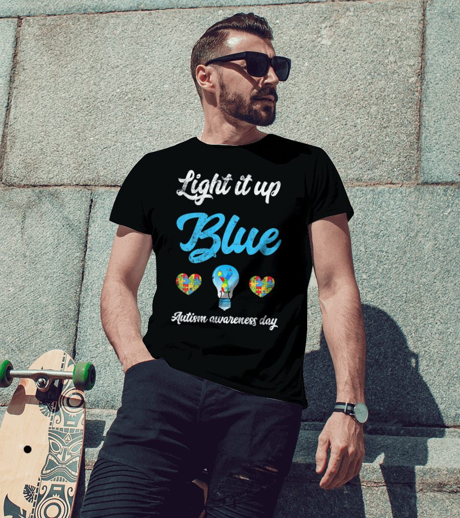 Light It Up Blue Autism Awareness Day Puzzle Hearts Lightbulb T-Shirt