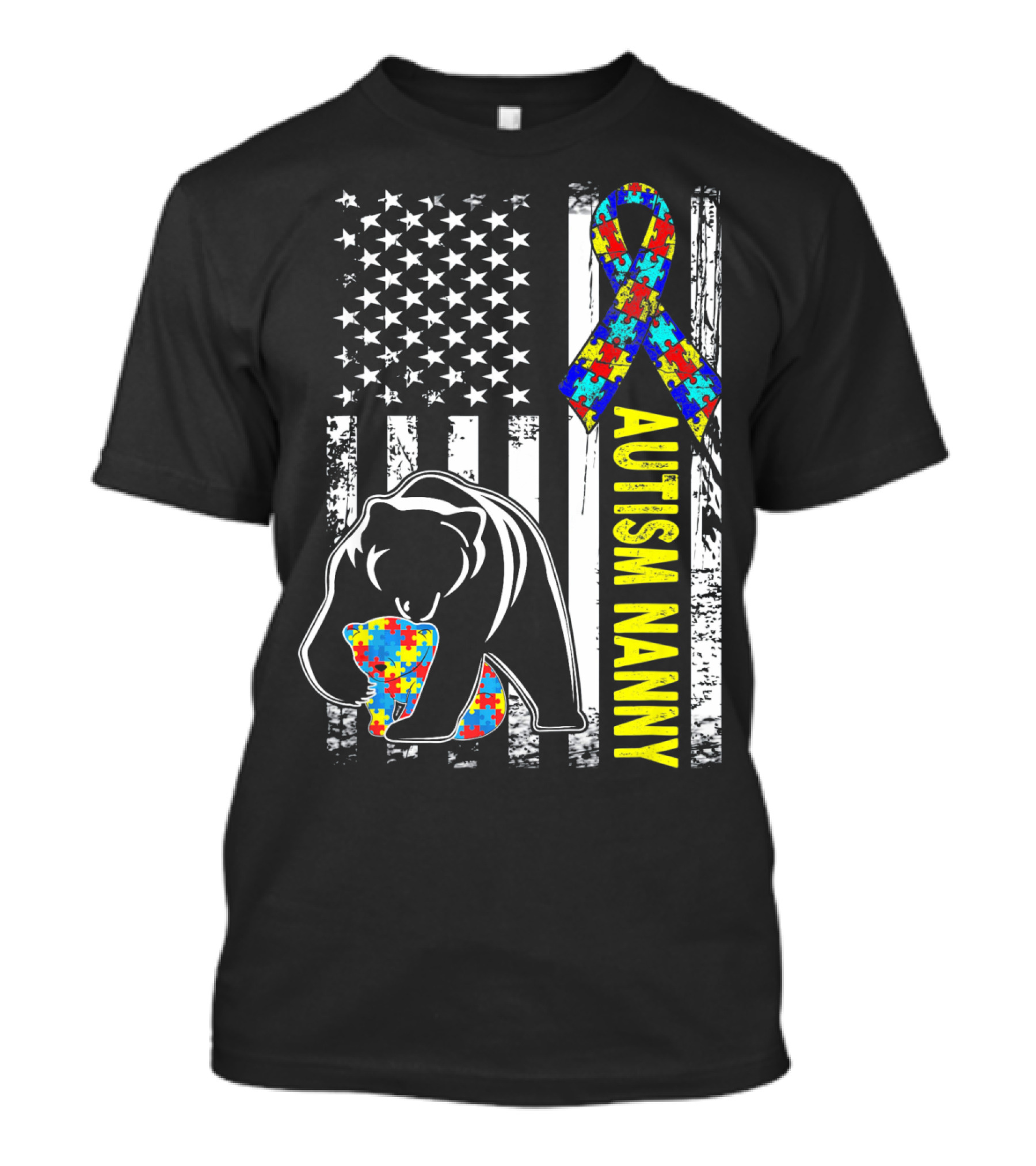 Autism Nanny Puzzle Ribbon Bear American Flag Awareness T-Shirt