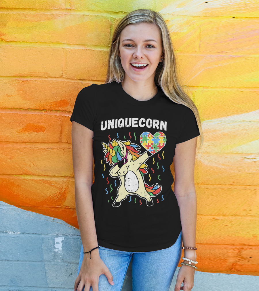 Uniquecorn Dabbing Unicorn Puzzle Heart Autism Awareness T-Shirt
