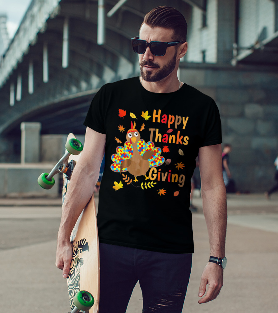 Happy Thanksgiving Turkey Autism Awareness Puzzle Piece Leaves T-Shirt