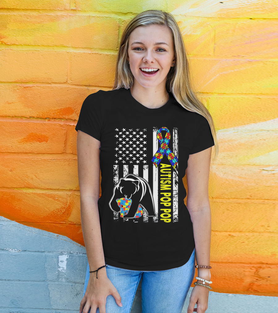 Autism Pop Pop American Flag Bear Puzzle T-Shirt