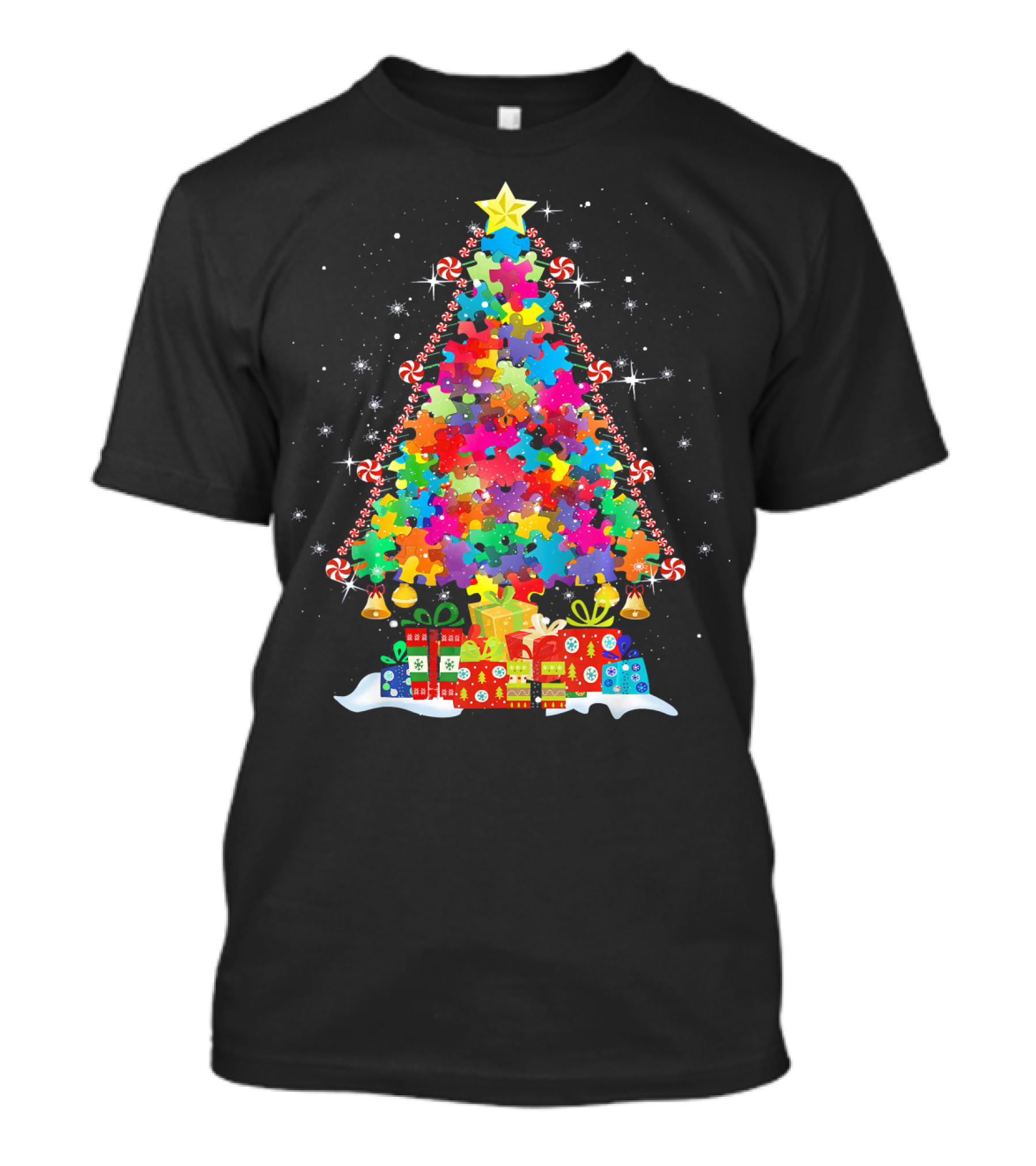 Autism Awareness Puzzle Pieces Christmas Tree With Star And Presents T-Shirt