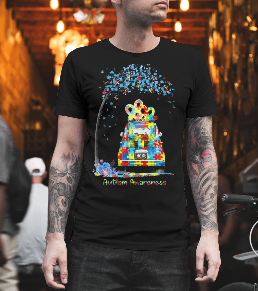 HOPE Hippie Van Puzzle Pieces Ribbon Autism Awareness T-Shirt