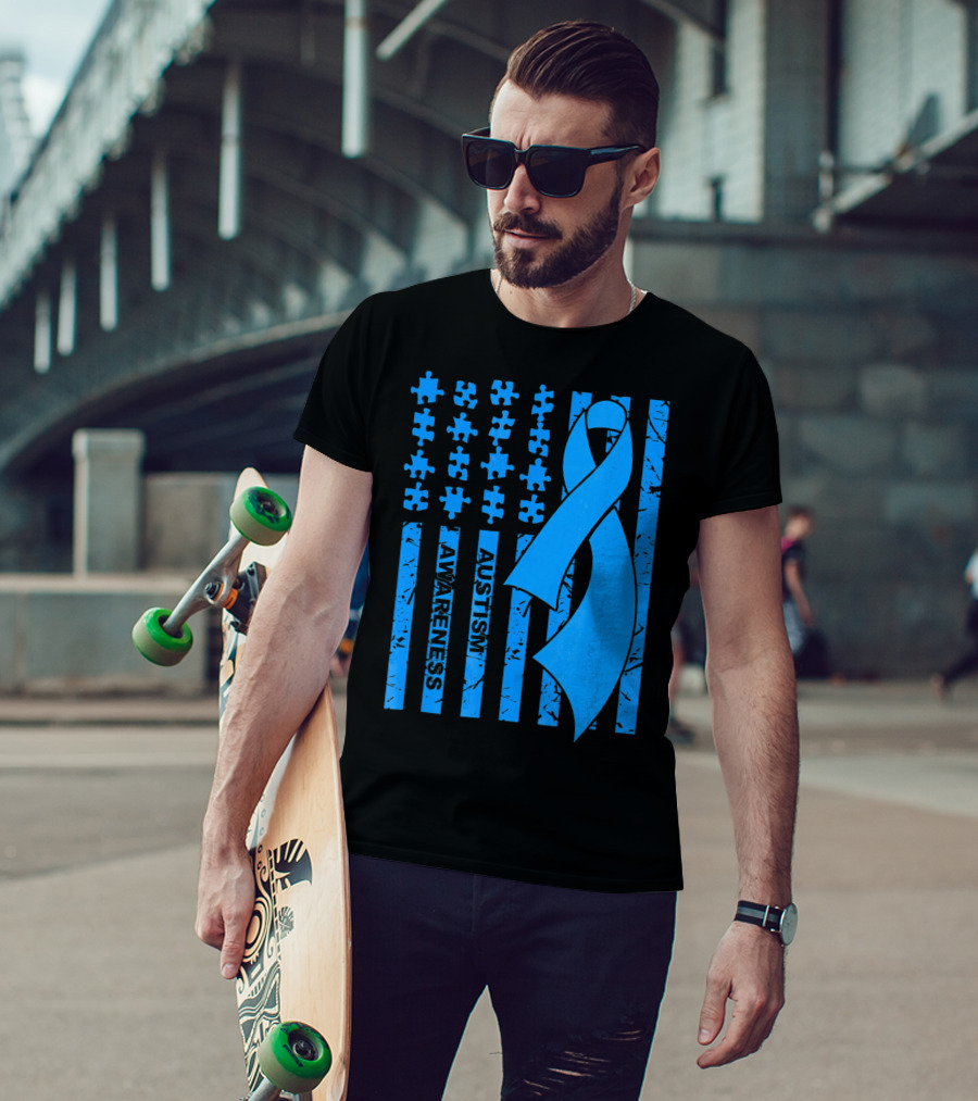 Autism Awareness Flag With Puzzle Pieces And Blue T-Shirt