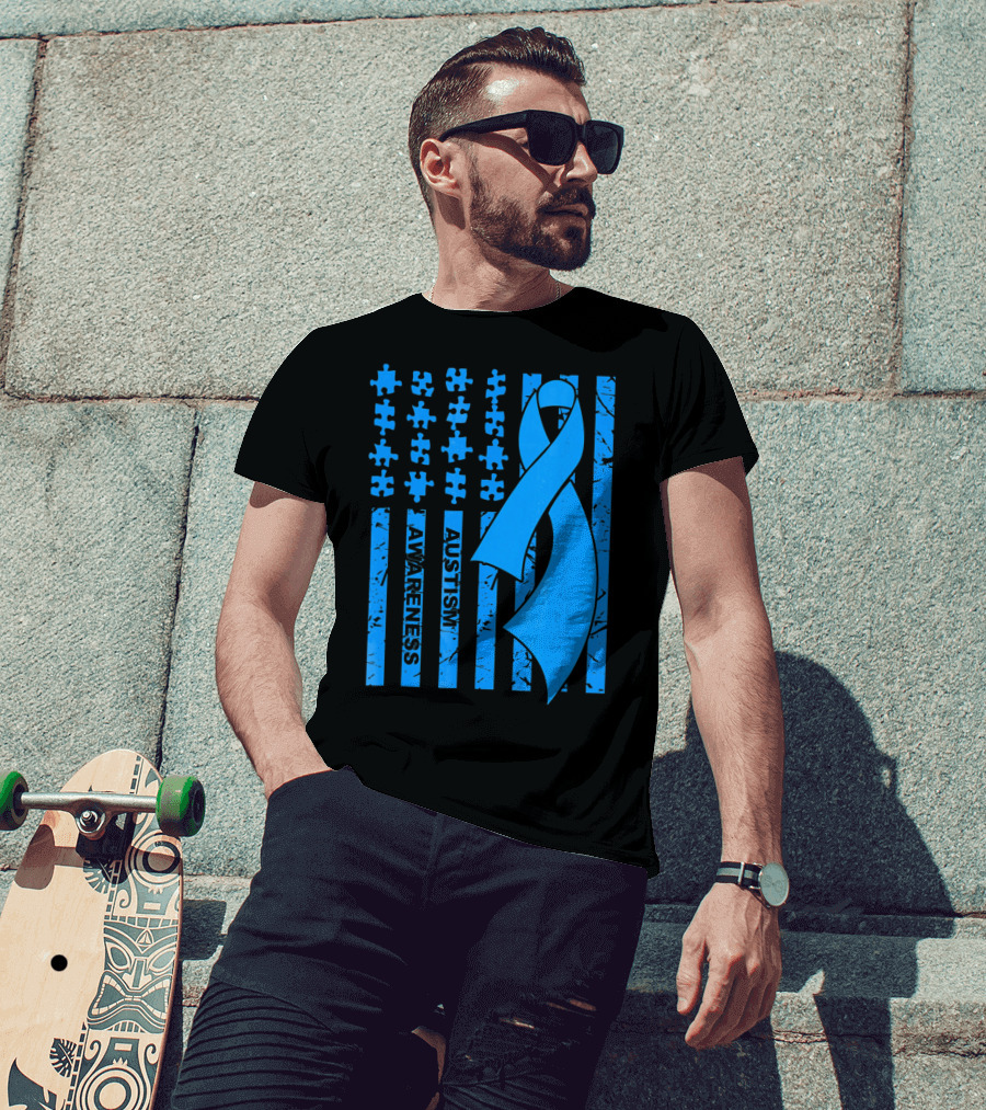 Autism Awareness Flag With Puzzle Pieces And Blue T-Shirt